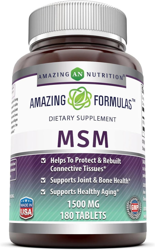 High Strength MSM 1500mg Tablets for Joint & Bone Health - Supports Connective Tissues & Healthy Aging - Non-GMO & Gluten-Free - 180 Tablets