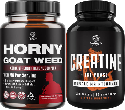 High Strength Muscle Builder Bundle: Horny Goat Weed Extract Complex & Tri Phase Creatine Pills for Enhanced Energy and Stamina in Men and Women