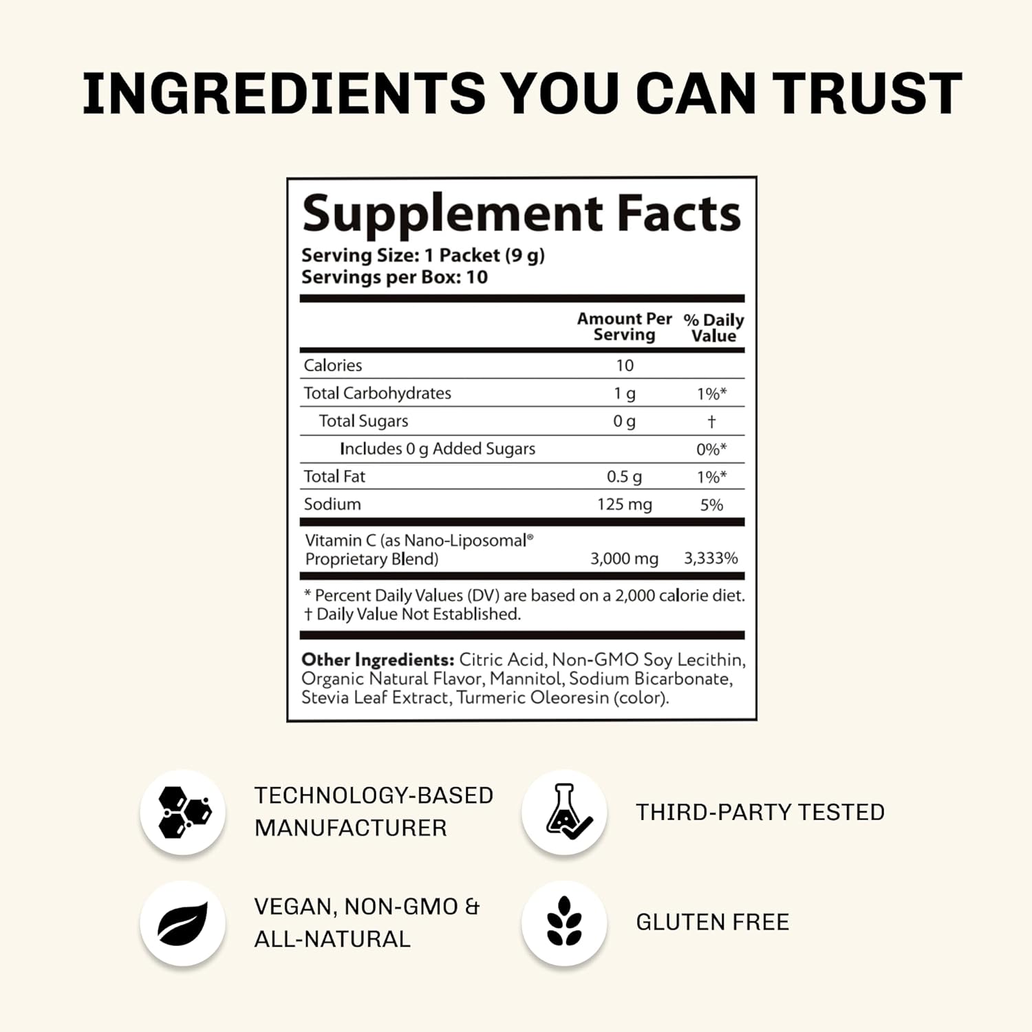 High Strength Nano-Liposomal Vitamin C Drink Mix for Immune Support - 3,000 mg Per Serving - 10 Packets