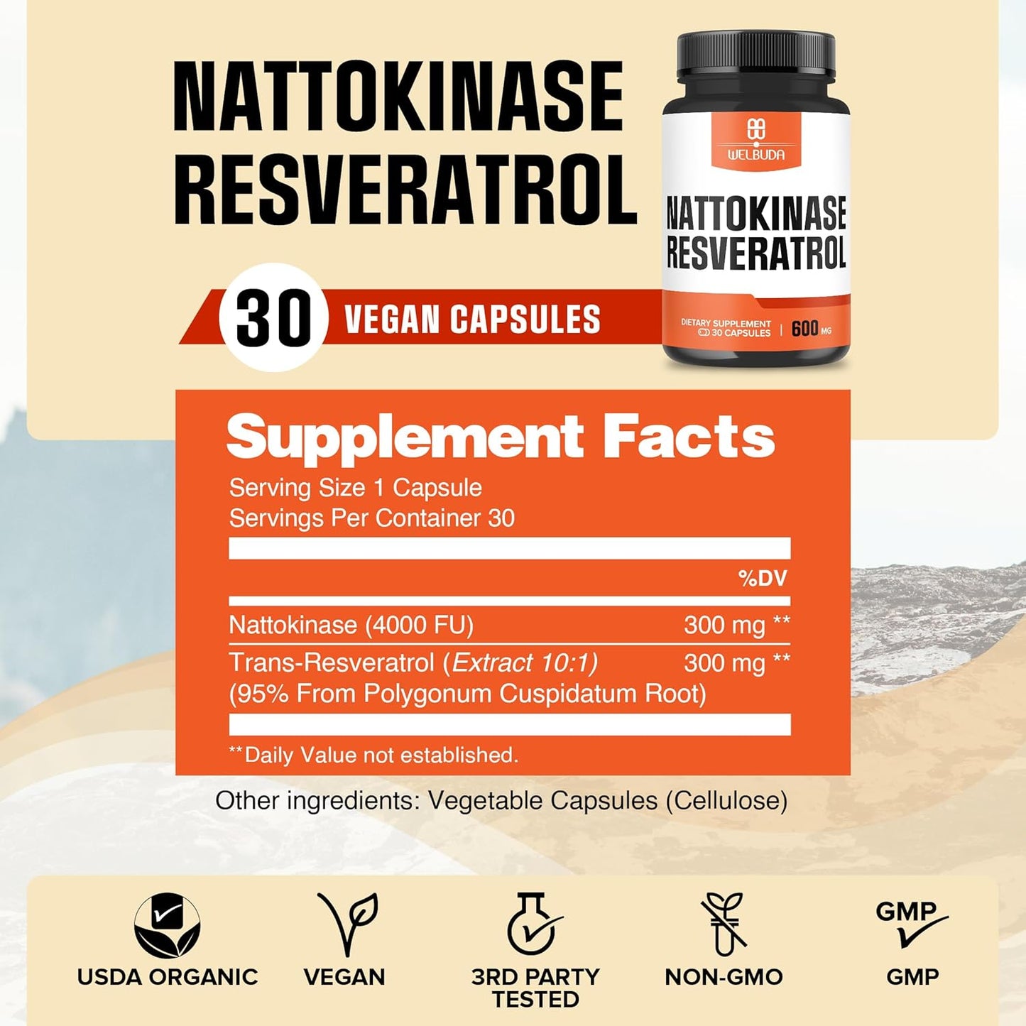 High Strength Nattokinase Supplement with Trans-Resveratrol - Immune System & Heart Support - 30 Servings