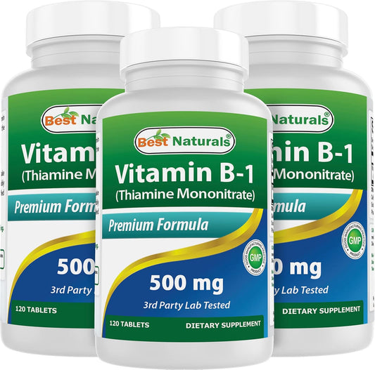High Strength Naturals Vitamin B1 Thiamine Mononitrate 500mg 360 Tablets - Pack of 3 - Essential for Energy Production and Nervous System Support