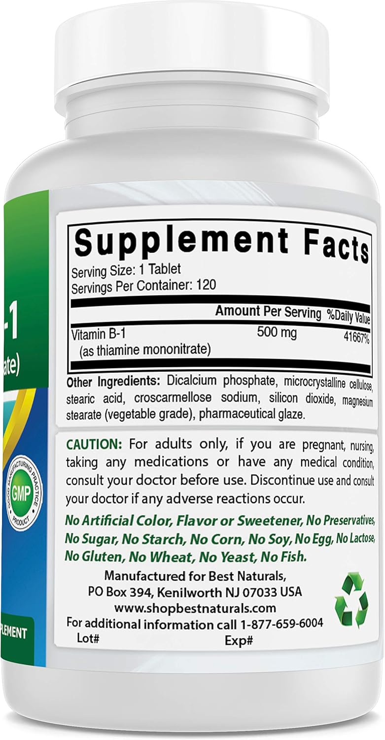 High Strength Naturals Vitamin B1 Thiamine Mononitrate 500mg 360 Tablets - Pack of 3 - Essential for Energy Production and Nervous System Support