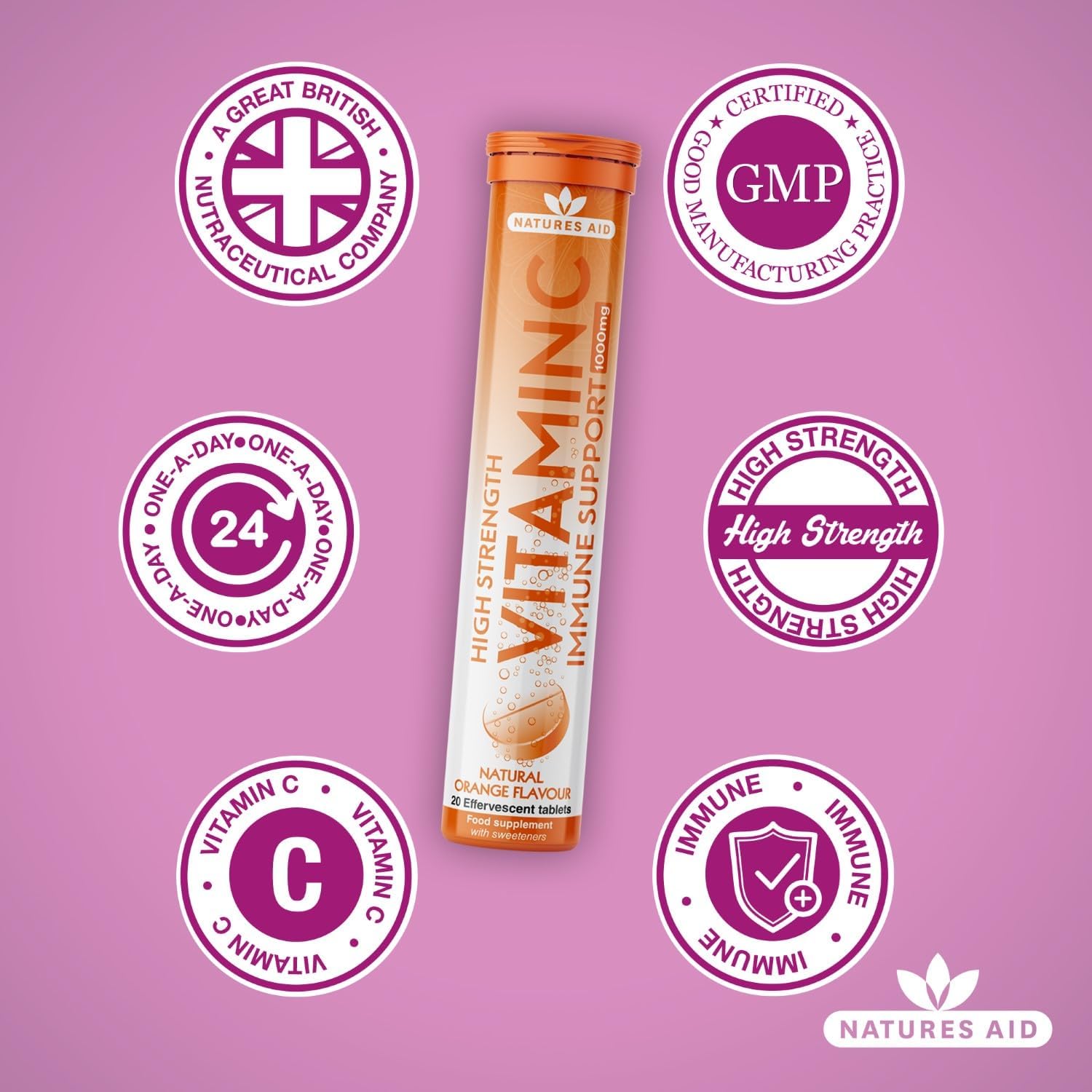 High Strength Natures Aid Vitamin C 1000MG Effervescent Tablets - 20 Count