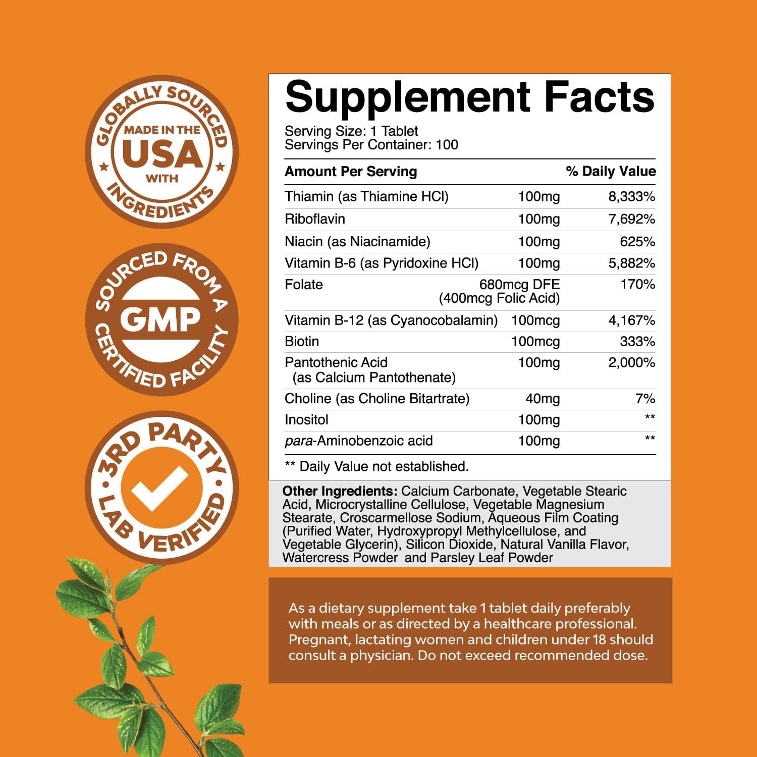 High Strength Natures Craft Vitamin B Complex Supplement - 100 Tablets for Men & Women - Supports Nervous System & Energy