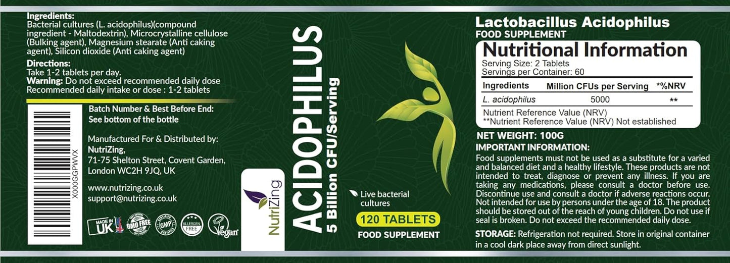 High Strength NutriZing Lactobacillus Acidophilus Supplement - 5 Billion CFU per Serving