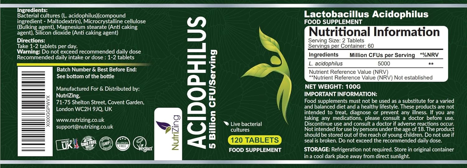 High Strength NutriZing Lactobacillus Acidophilus Supplement - 5 Billion CFU per Serving