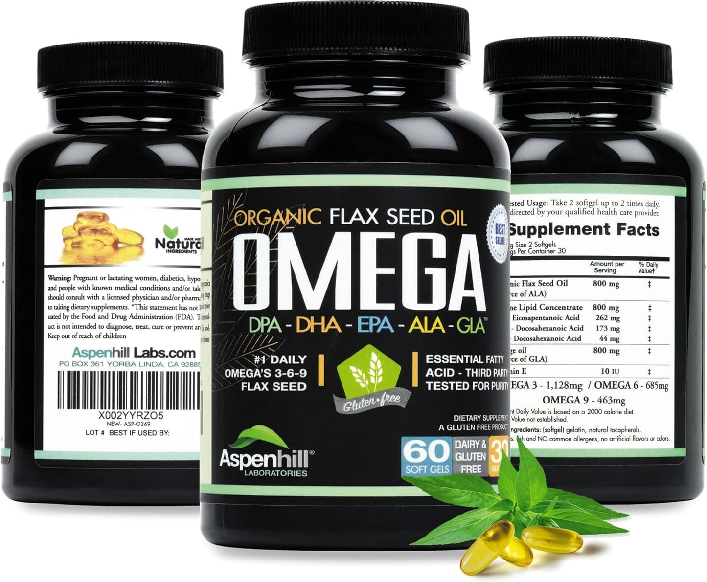 High Strength Omega 3 Super Blend Softgels with Flax Seed Oil - DPA, EPA, DHA, ALA, GLA - Fish, Borage, Organic - 2,400mg - Gluten Free, Made in USA - 60ct