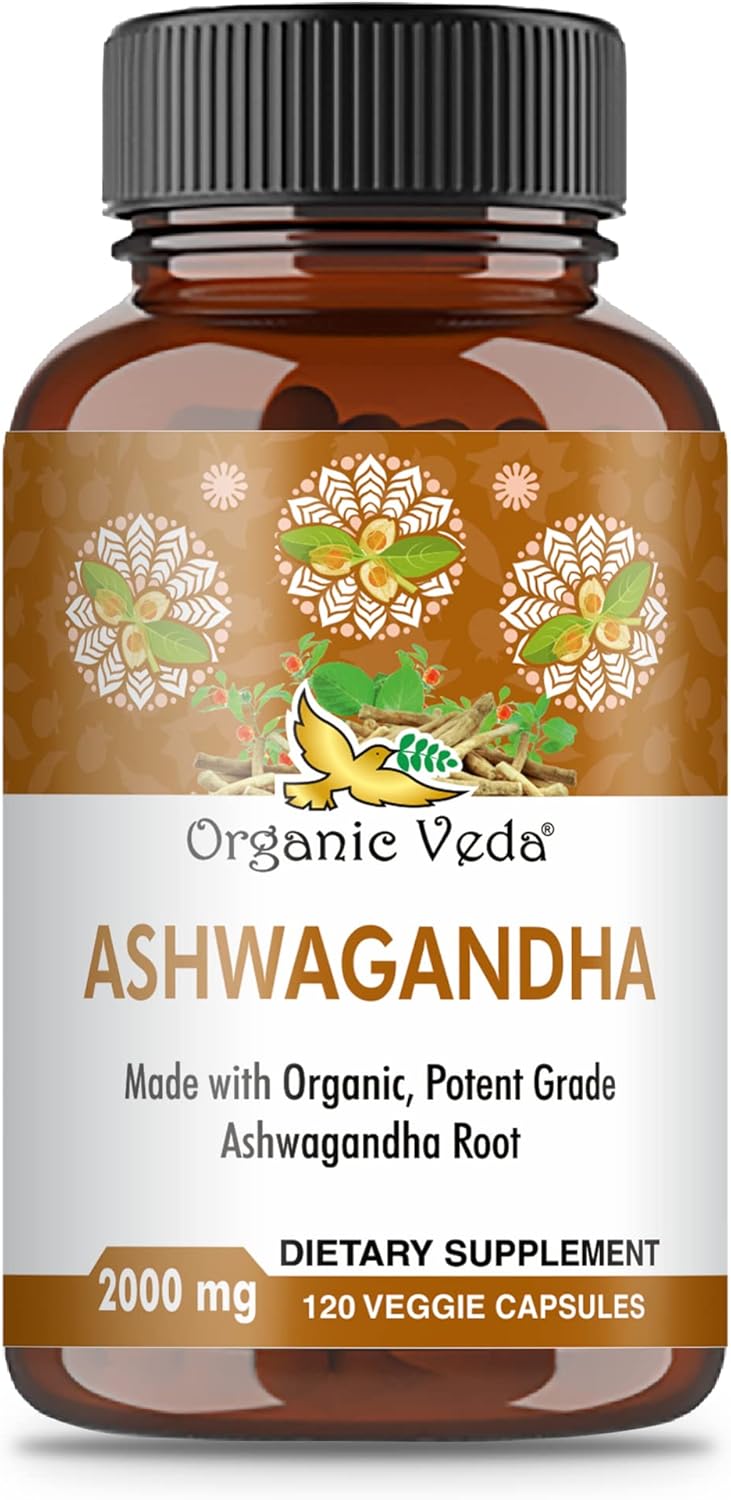 High Strength Organic Veda Ashwagandha Capsules with Black Pepper Extract - 100% Pure Root Supplement for Energy, Immunity, and Mood - Vegan - 120 Capsules