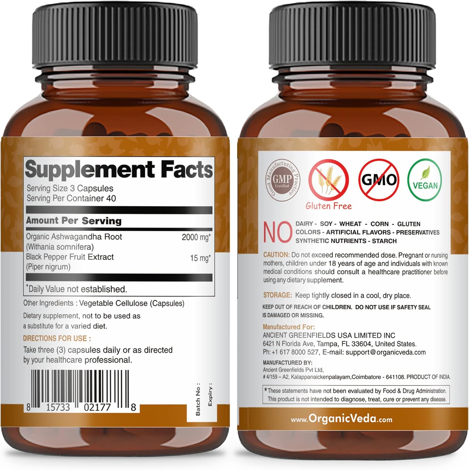 High Strength Organic Veda Ashwagandha Capsules with Black Pepper Extract - 100% Pure Root Supplement for Energy, Immunity, and Mood - Vegan - 120 Capsules