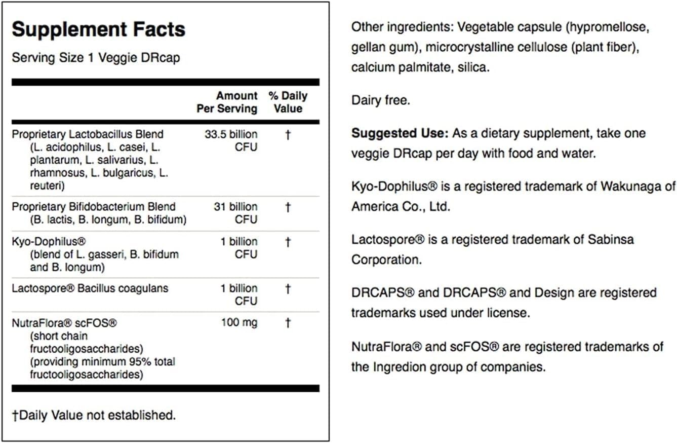 High Strength Probiotic for Digestive Health & Immune Support - 66 Billion CFU with Prebiotic NutraFlora - 60 DRcaps Veggies