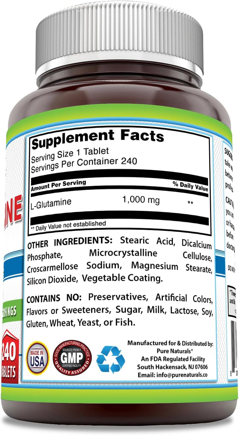 High Strength Pure Naturals L-Glutamine Supplement - 1000mg, 240 Tablets - Non-GMO, Gluten Free - USA Made