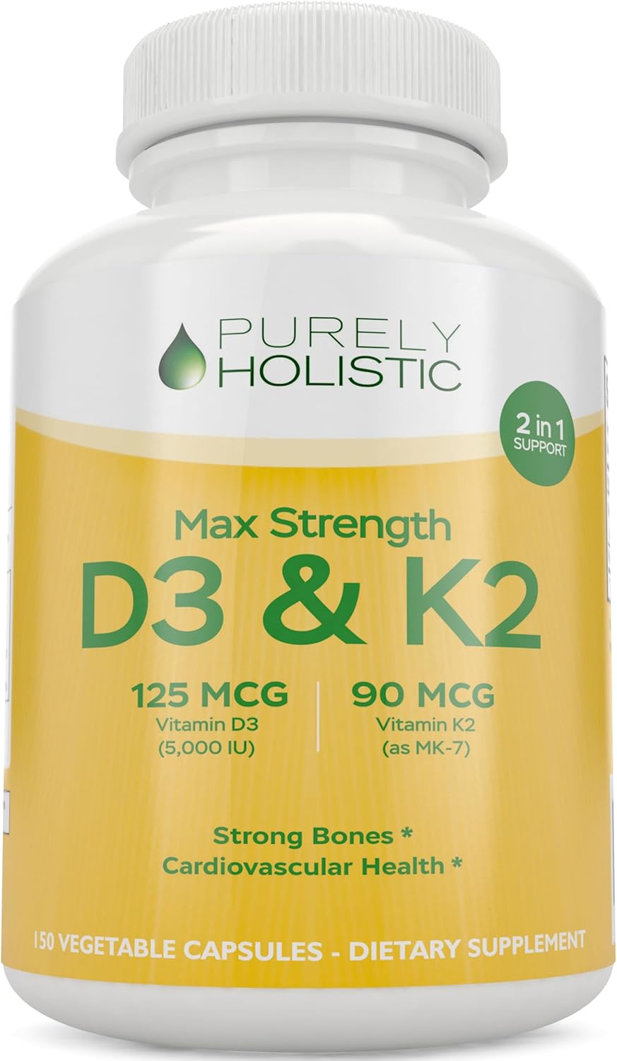 High Strength Purely Holistic Vitamin D3 and K2 Supplement - 4 Month Supply of 150 Vegetarian Capsules - Made in the USA - 125mcg D3 and 90mcg K2 MK7 - BoostGo Australia