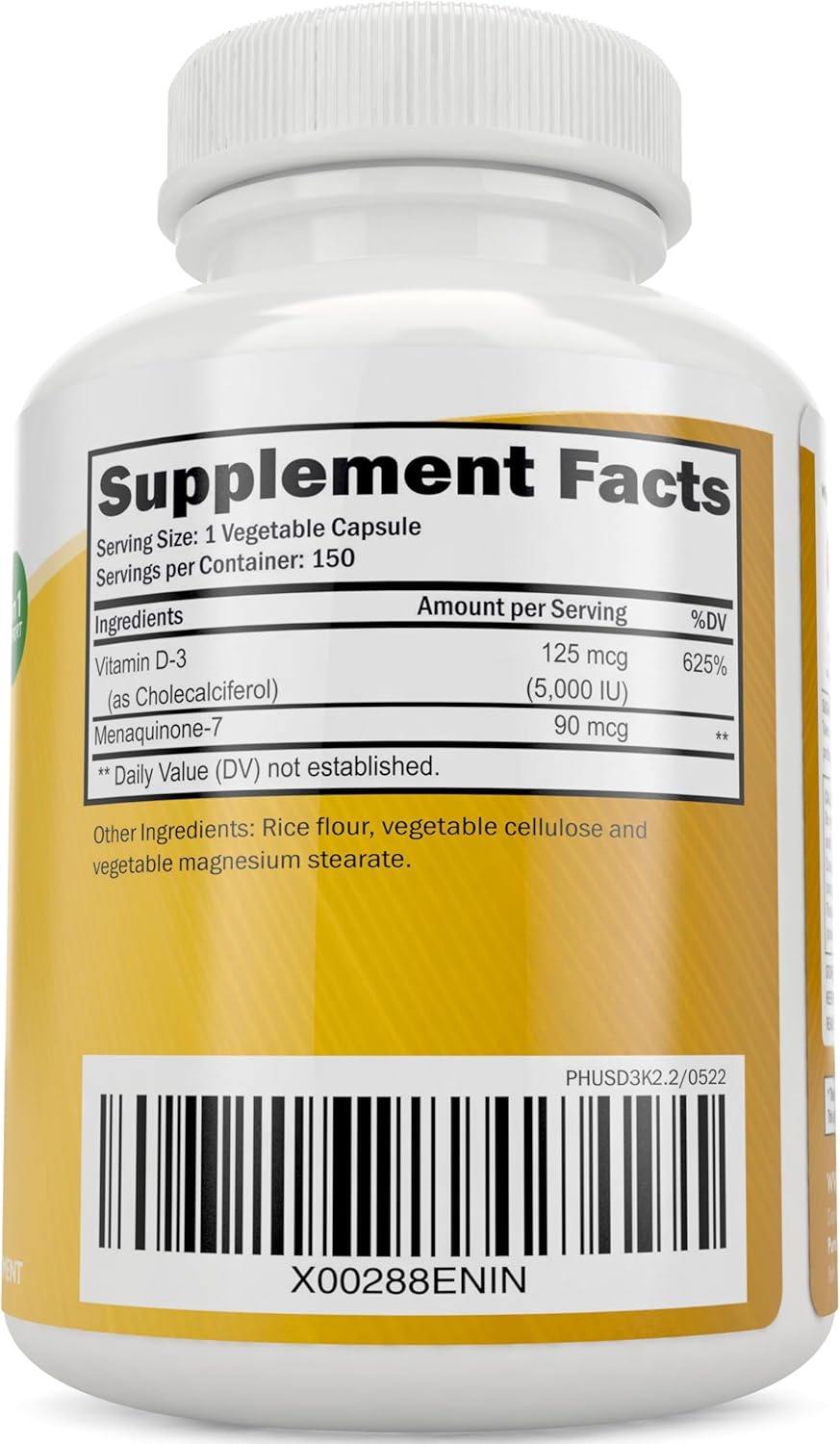 High Strength Purely Holistic Vitamin D3 and K2 Supplement - 4 Month Supply of 150 Vegetarian Capsules - Made in the USA - 125mcg D3 and 90mcg K2 MK7 - BoostGo Australia