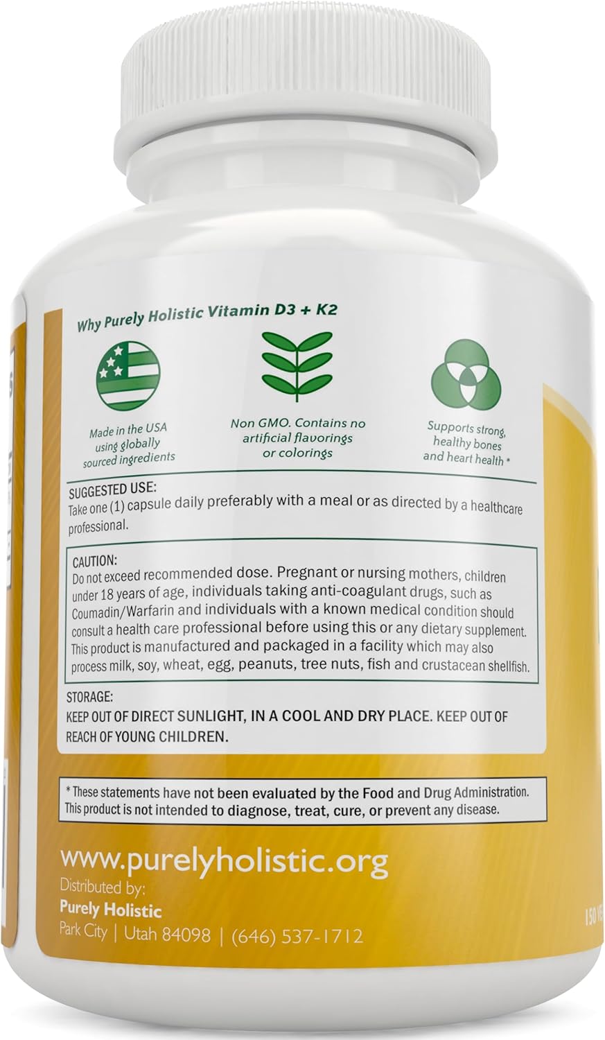 High Strength Purely Holistic Vitamin D3 and K2 Supplement - 4 Month Supply of 150 Vegetarian Capsules - Made in the USA - 125mcg D3 and 90mcg K2 MK7 - BoostGo Australia