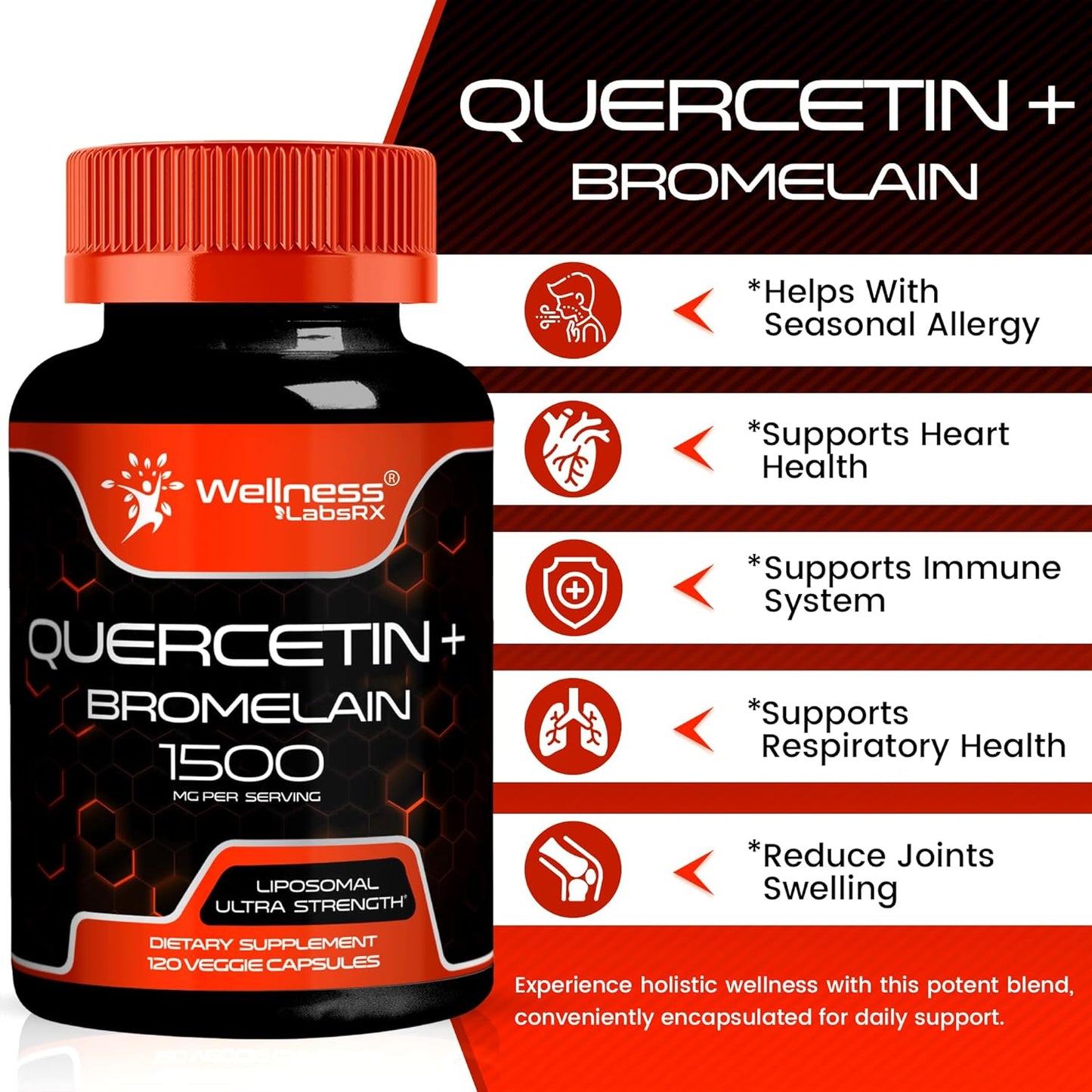 High Strength Quercetin with Bromelain Supplement for Immune & Heart Health - 1500mg Capsules for Men and Women - Supports Joint & Respiratory Health - 240 Count