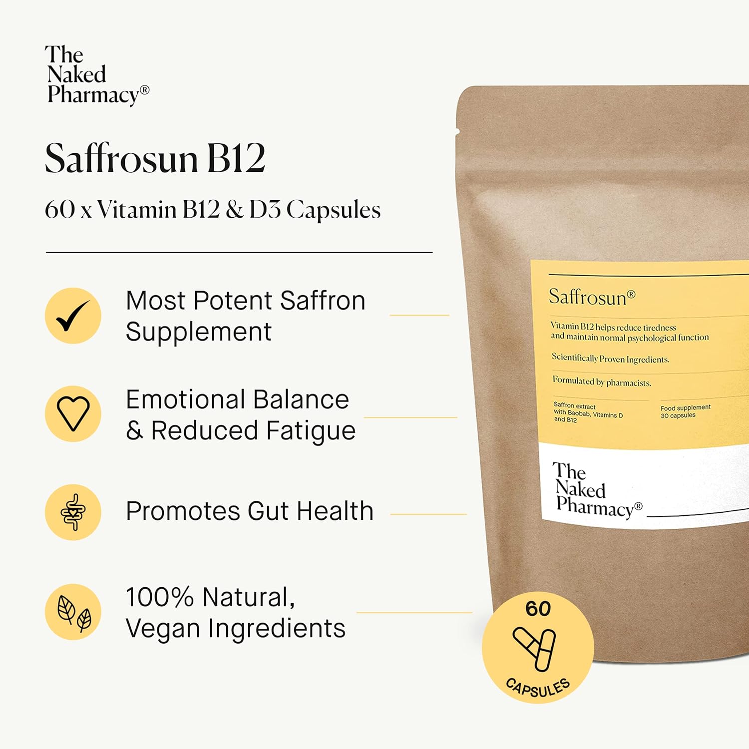 High Strength Saffrosun Saffron Supplements with Vitamin B12 for Fatigue & Menopause - 60 Vegan Capsules by The Naked Pharmacy