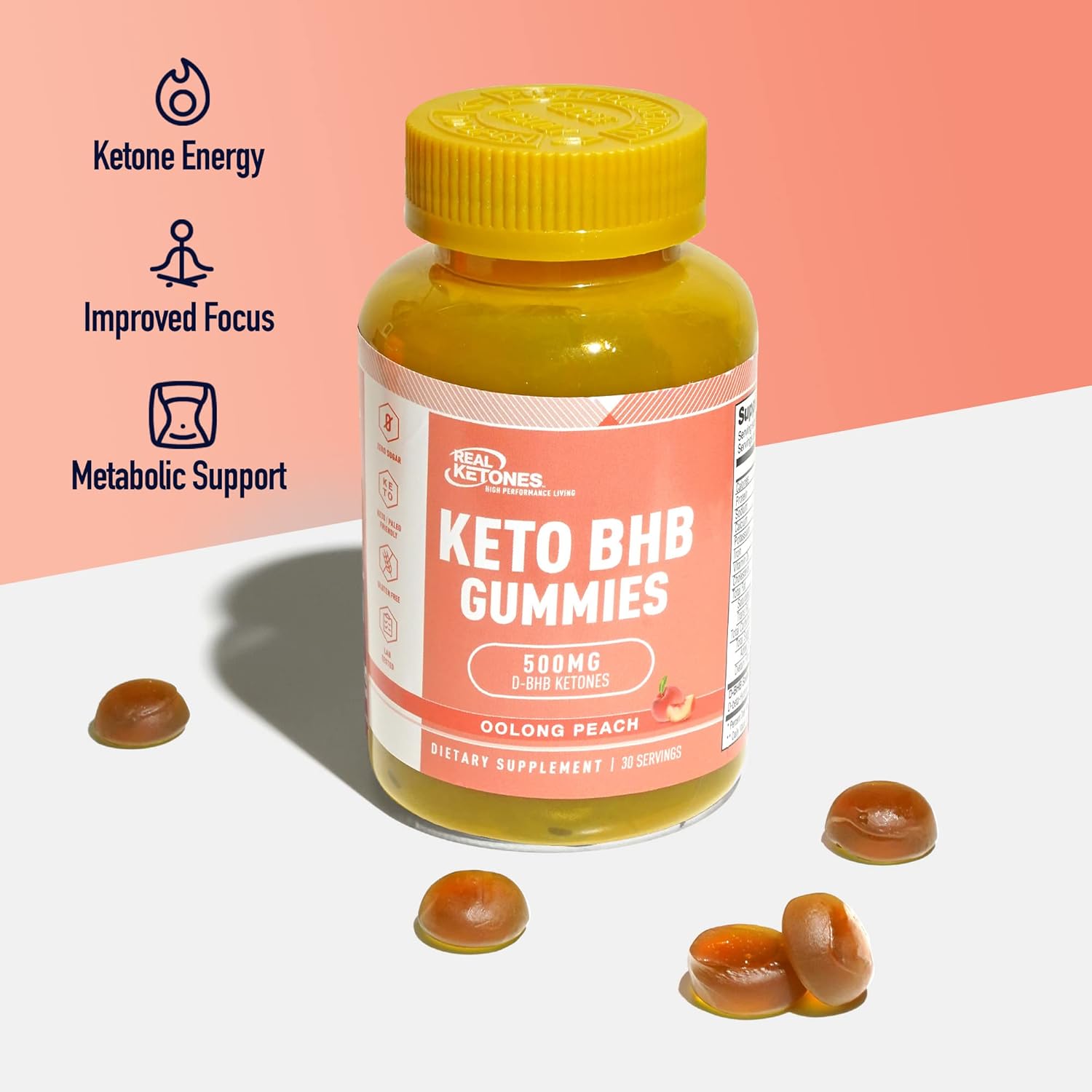 High Strength Sugar Free Peach Keto BHB Gummies with Exogenous Ketones for Enhanced Energy, Focus, and Diet Support - 30 Servings