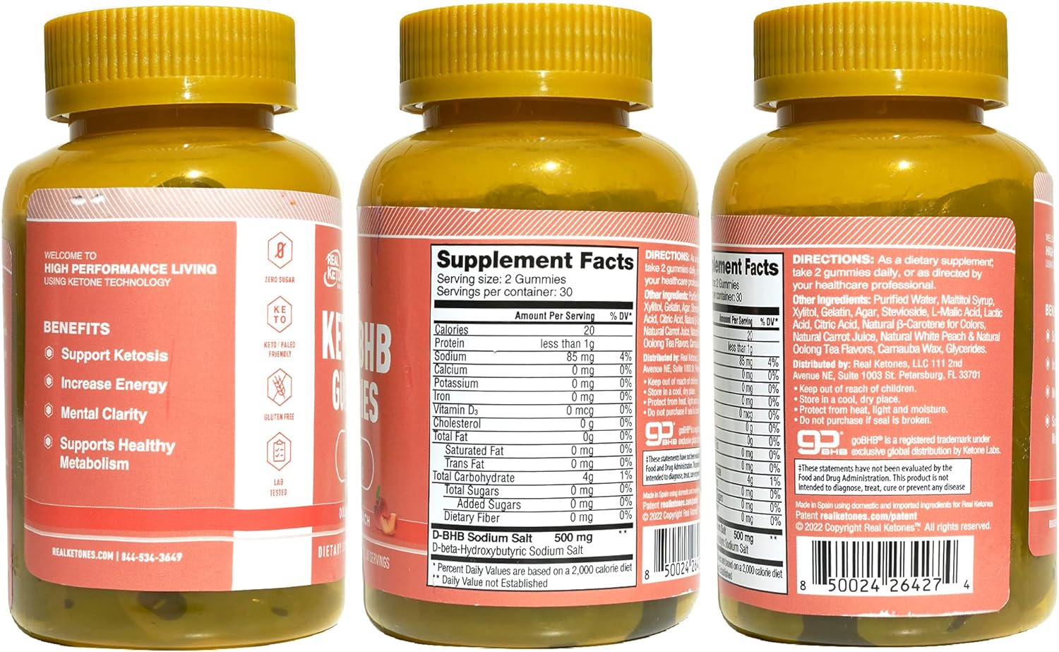 High Strength Sugar Free Peach Keto BHB Gummies with Exogenous Ketones for Enhanced Energy, Focus, and Diet Support - 30 Servings