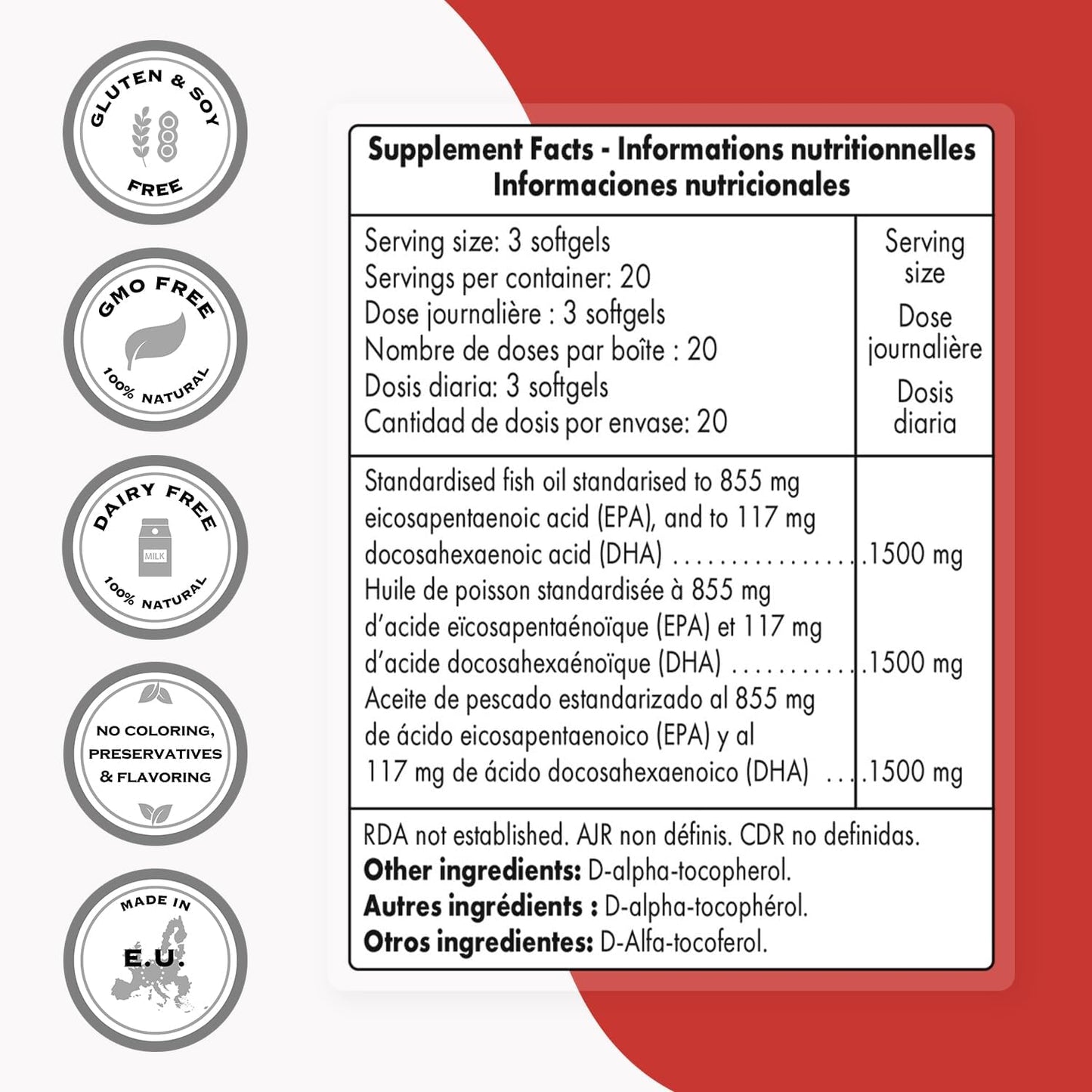 High Strength SuperSmart EPA Fish Oil Supplement - 855mg Daily - Natural Omega 3 Concentrate - EicosaPentaenoic Acid - Non-GMO & Gluten Free - 60 Softgels