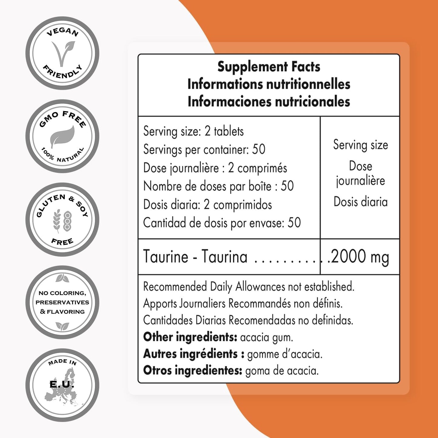 High Strength Taurine Supplement for Sports Nutrition - 2000mg Daily Dose - Amino Acid Tablets - Non-GMO & Gluten Free