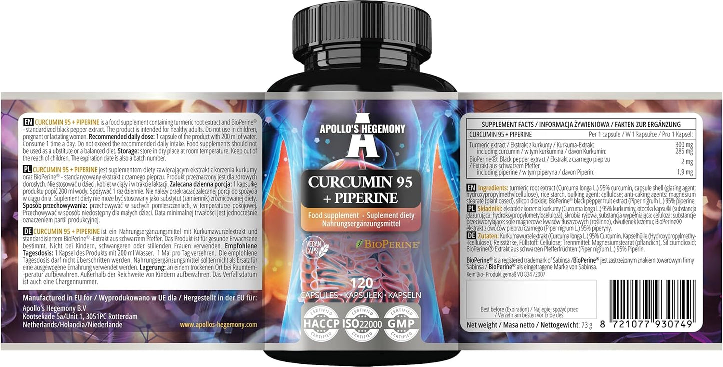 High Strength Turmeric Root Extract Capsules with Piperine for Enhanced Absorption - 302mg Curcumin, 95% Extract, 120 Vegan Capsules, 4 Months Supply