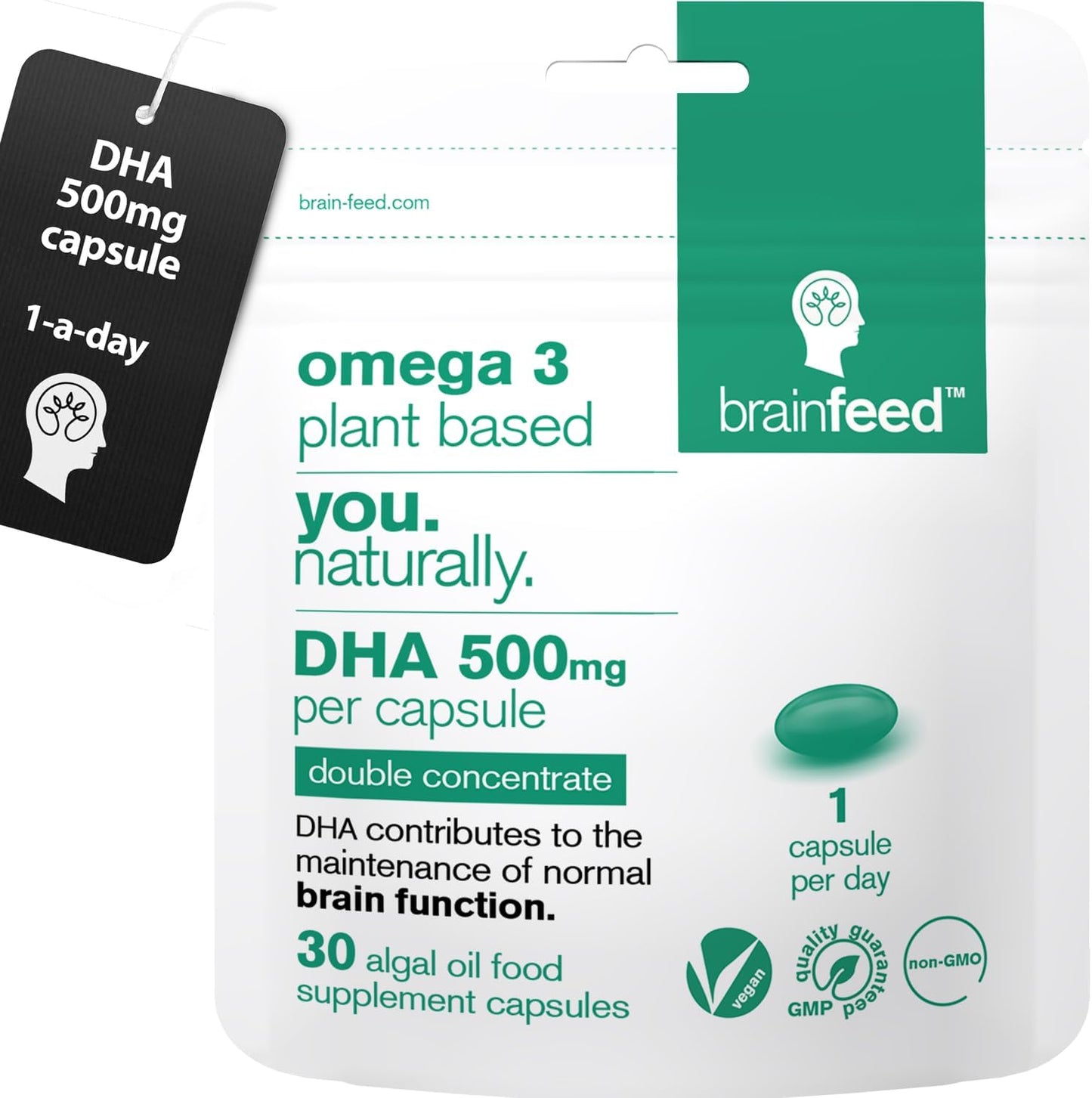 High Strength Vegan DHA Supplements - Double Concentrate Omega 3 Algae Oil Capsules for Brain & Eye Health - 60ct Sustainable Formula