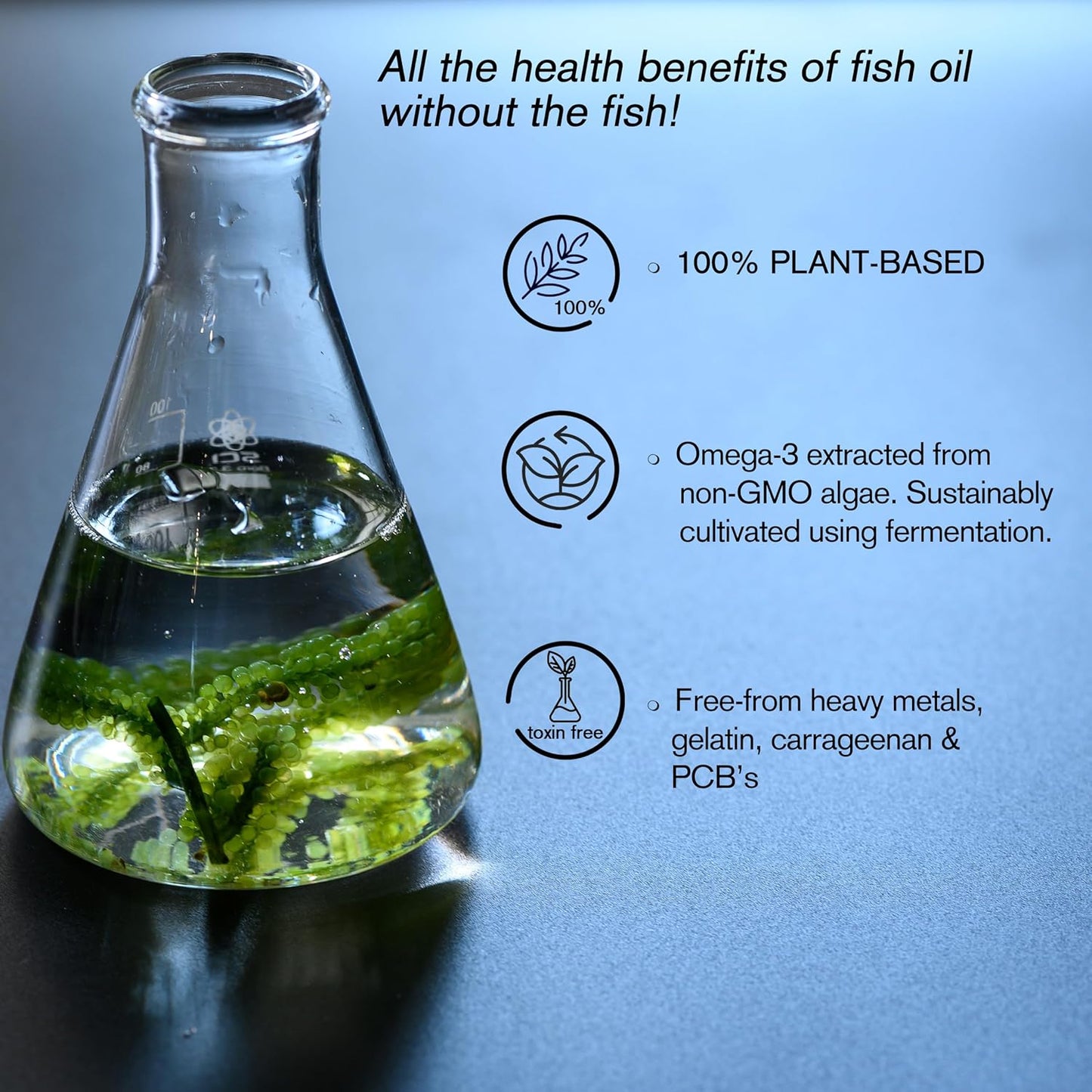 High Strength Vegan DHA Supplements - Double Concentrate Omega 3 Algae Oil Capsules for Brain & Eye Health - 60ct Sustainable Formula