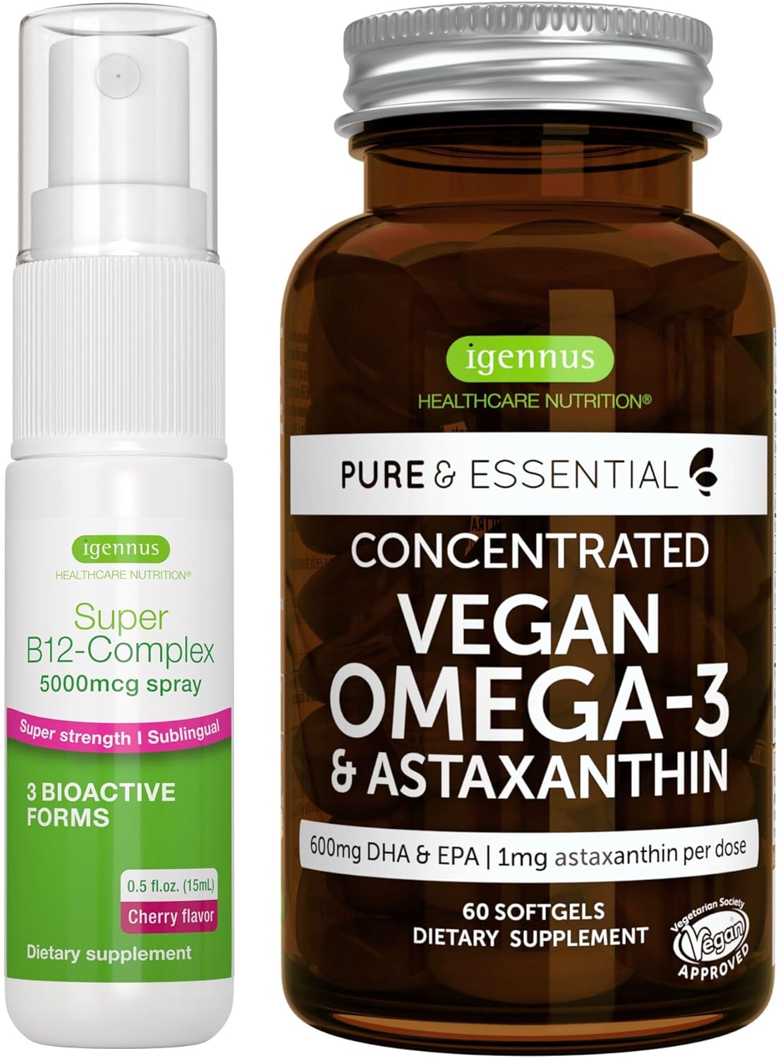 High Strength Vegan Omega-3 Algae Oil & B12 Bundle for DHA & EPA + Cherry Flavor Sublingual Spray