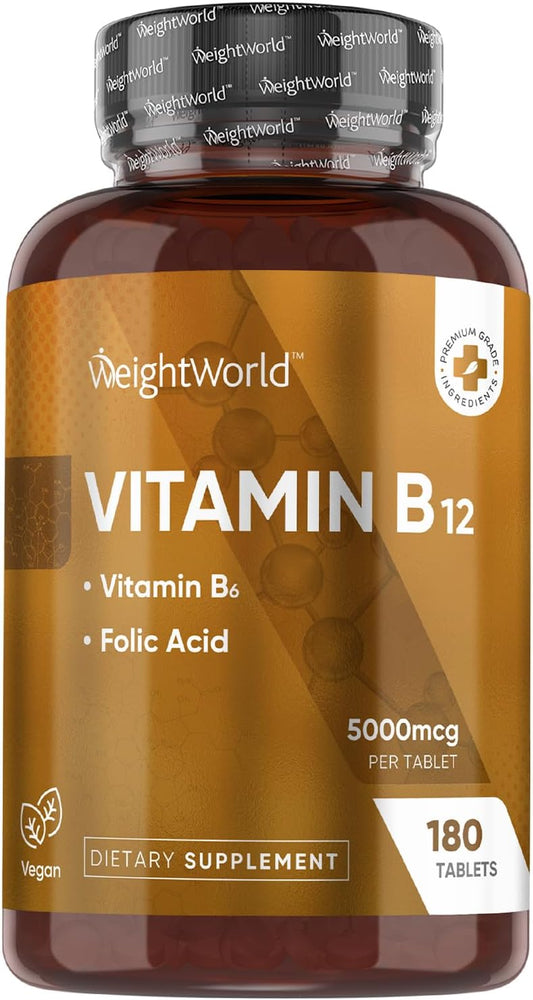 High Strength Vegan Vitamin B12 5000 mcg Tablets with B6 & Folate - 6 Month Supply - Methylcobalamin for Energy & Active Life
