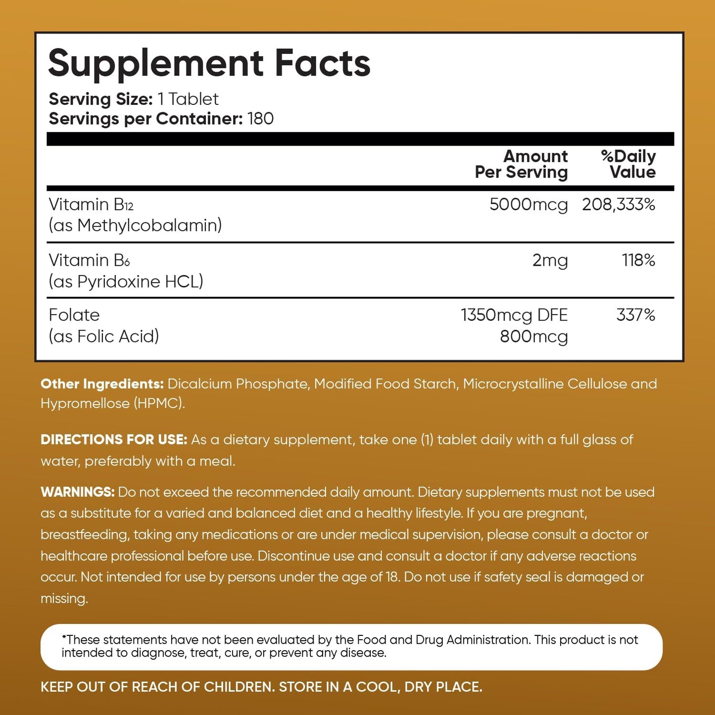 High Strength Vegan Vitamin B12 5000 mcg Tablets with B6 & Folate - 6 Month Supply - Methylcobalamin for Energy & Active Life