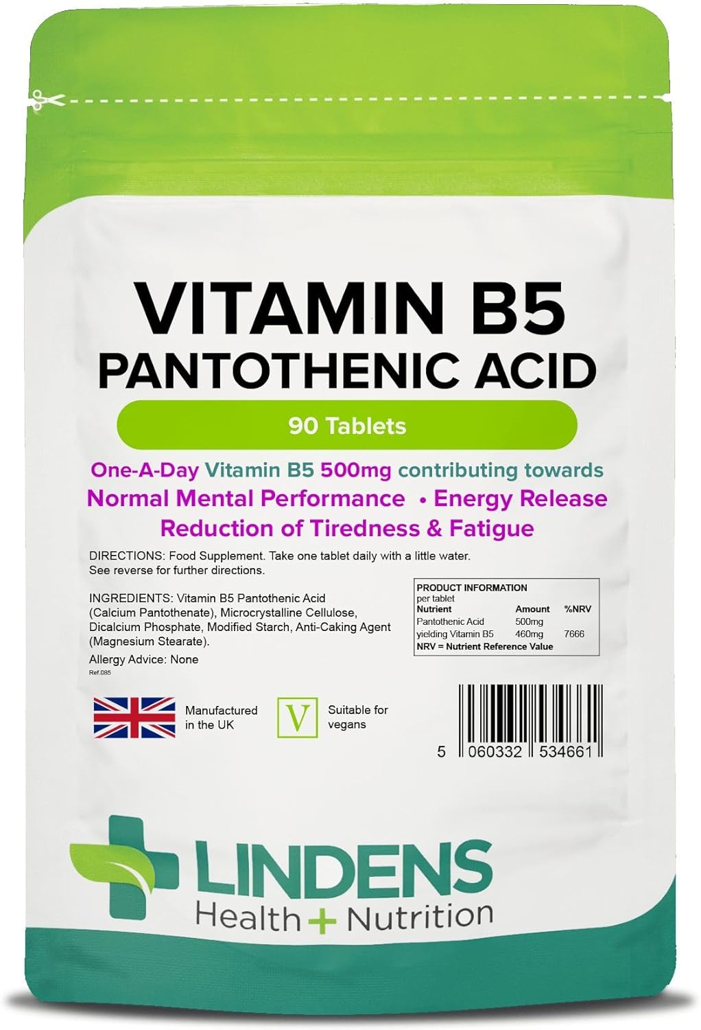 High Strength Vitamin B-5 Pantothenic Acid 460mg Tablets - 100 Pack