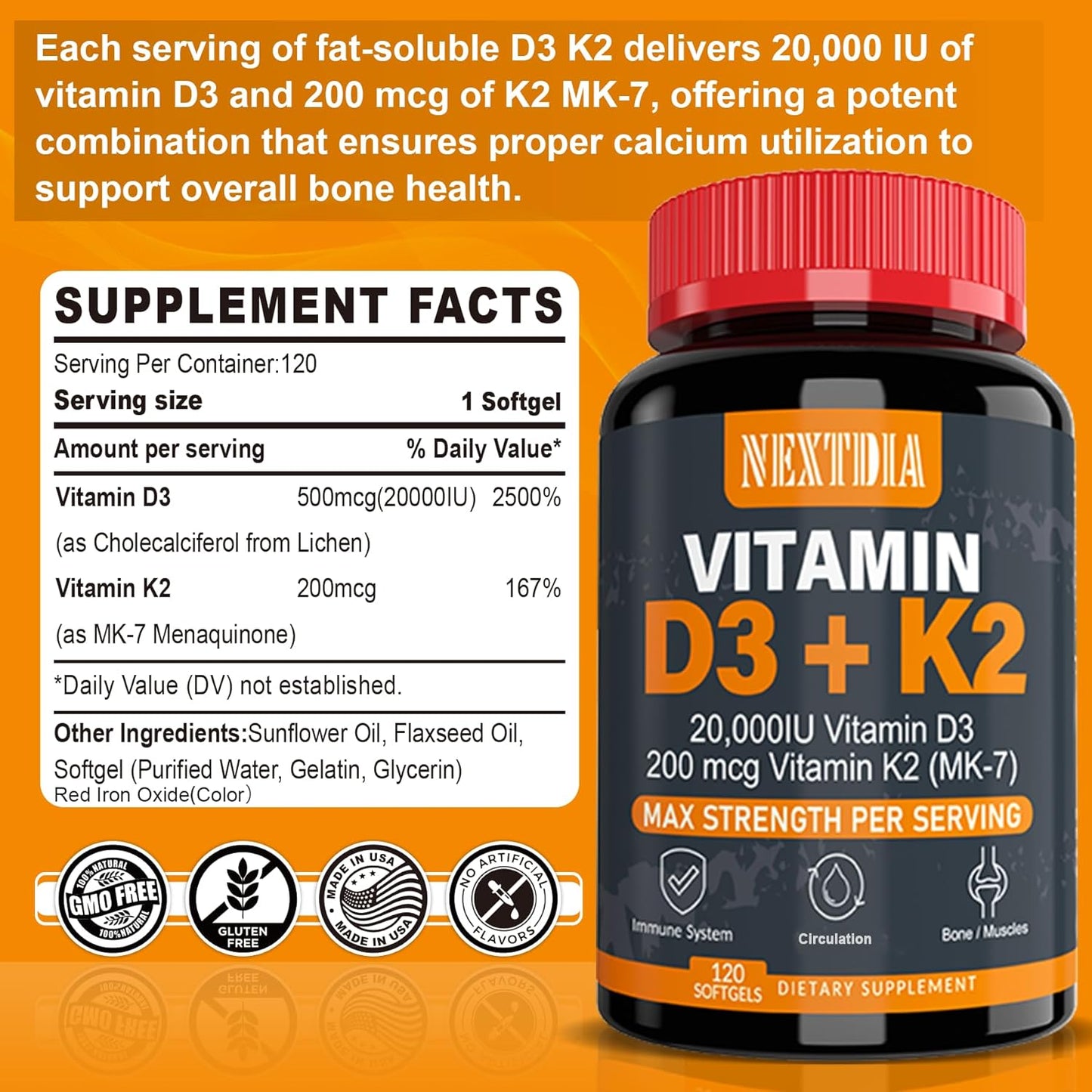 High Strength Vitamin D3 20,000 IU Gummies with K2(MK7), L-MethylFolate, and Methyl B12 for Immune Support