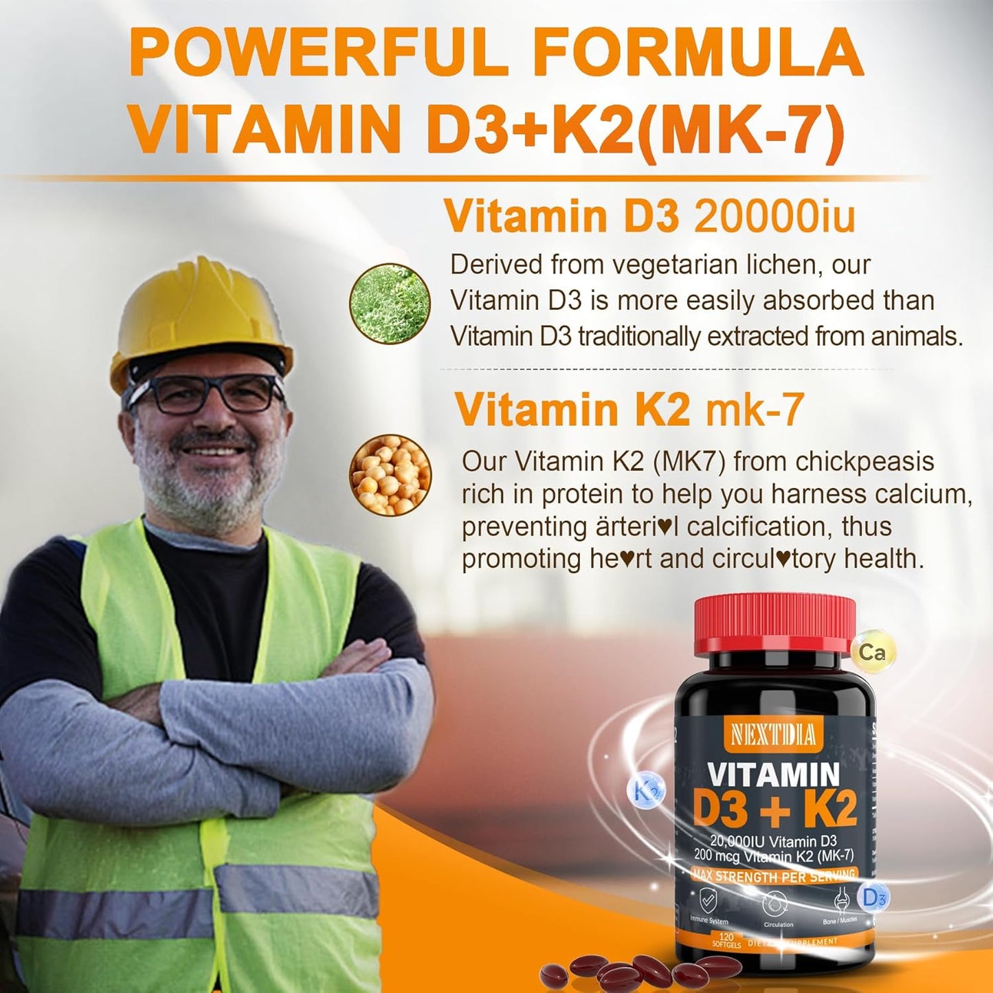 High Strength Vitamin D3 20,000 IU Gummies with K2(MK7), L-MethylFolate, and Methyl B12 for Immune Support