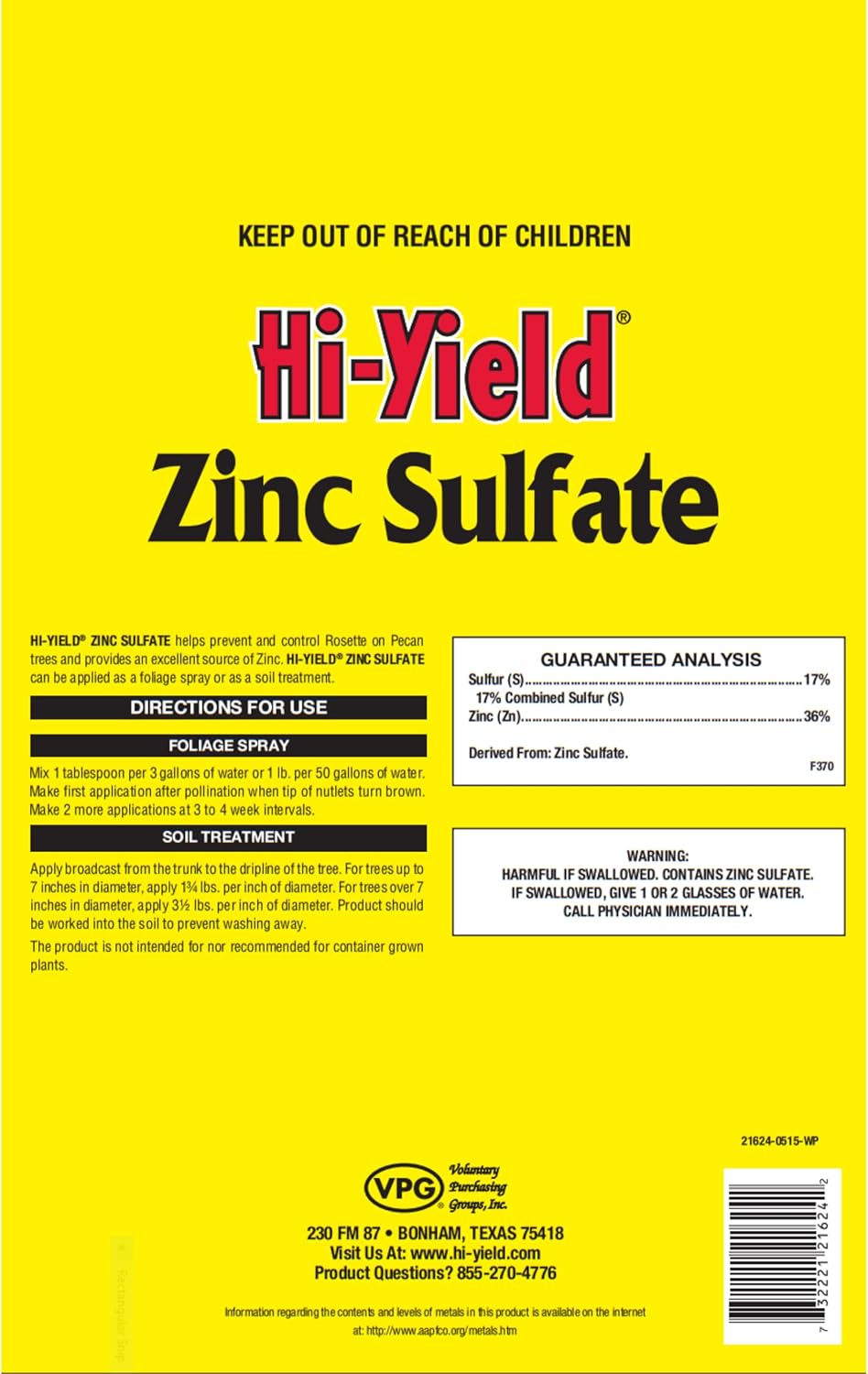 High-Yield 21624 Zinc Sulfate Fertilizer - 4 lb. Bag for Plants and Gardens