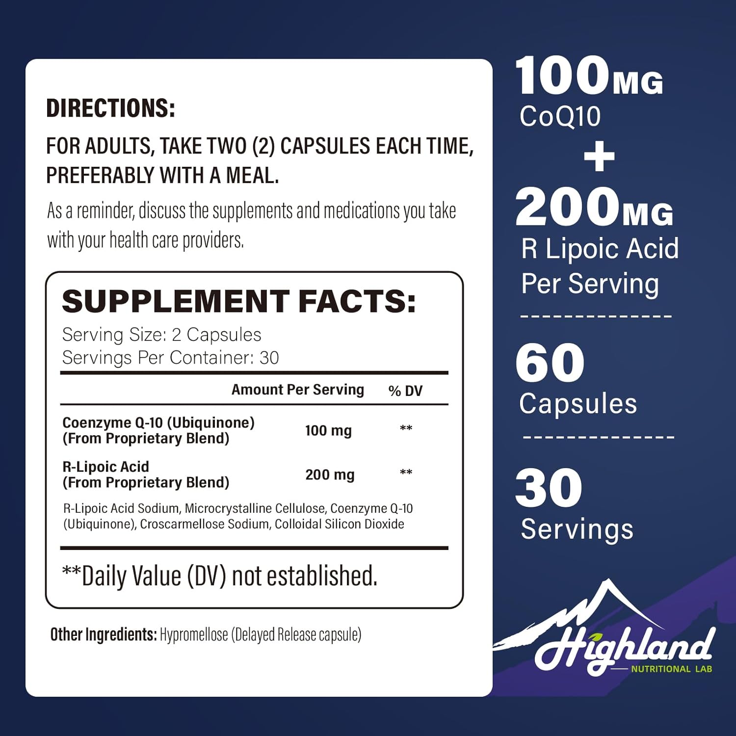 Highland Nutritional Lab CoQ10 100mg & R-Lipoic Acid (Na) 200mg, High Absorption R-Lipoic Acid/CoQ10 Supplement for Heart & Cognitive Health - 60 Capsules