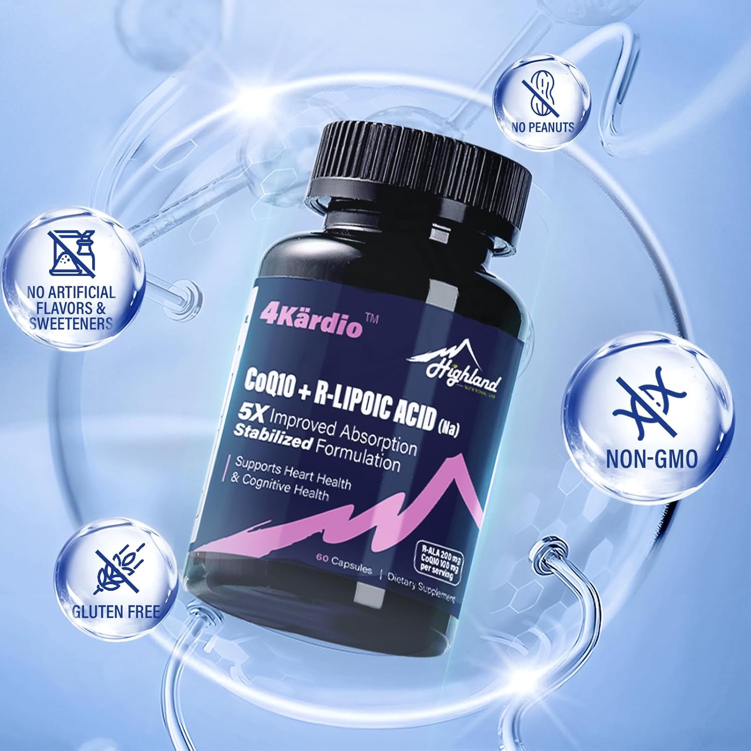Highland Nutritional Lab CoQ10 100mg & R-Lipoic Acid (Na) 200mg, High Absorption R-Lipoic Acid/CoQ10 Supplement for Heart & Cognitive Health - 60 Capsules