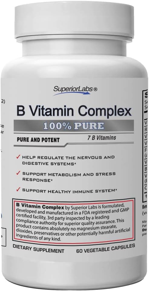 Highly Absorbable B Vitamin Complex by Superior Labs - NonGMO, Additive-Free, Gluten-Free - Supports Digestion and Metabolism - 60 Veggie Capsules