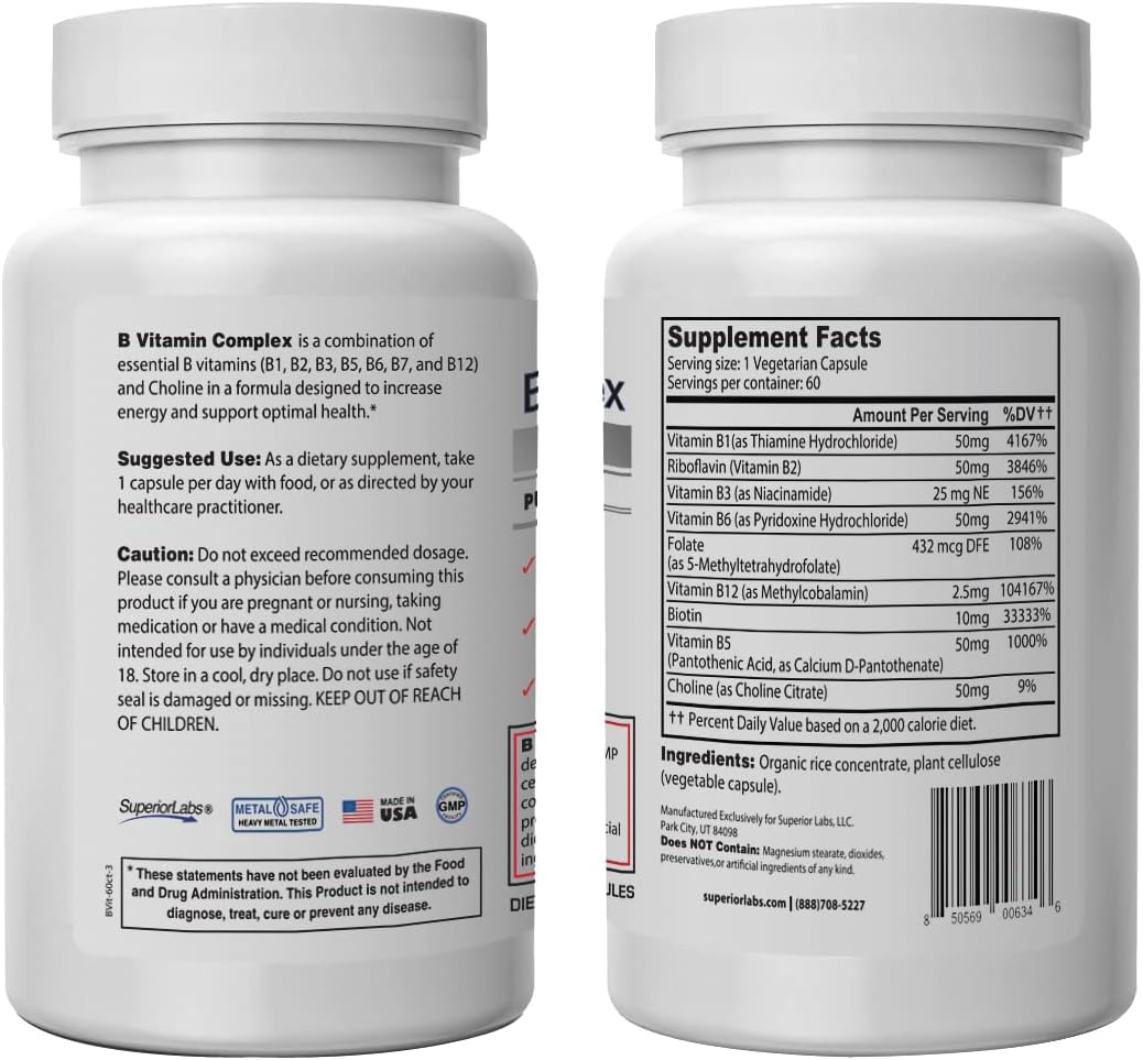 Highly Absorbable B Vitamin Complex by Superior Labs - NonGMO, Additive-Free, Gluten-Free - Supports Digestion and Metabolism - 60 Veggie Capsules