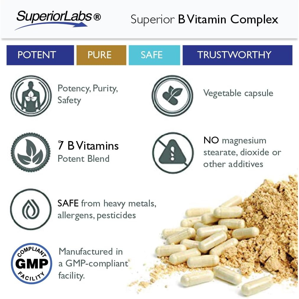 Highly Absorbable B Vitamin Complex by Superior Labs - NonGMO, Additive-Free, Gluten-Free - Supports Digestion and Metabolism - 60 Veggie Capsules