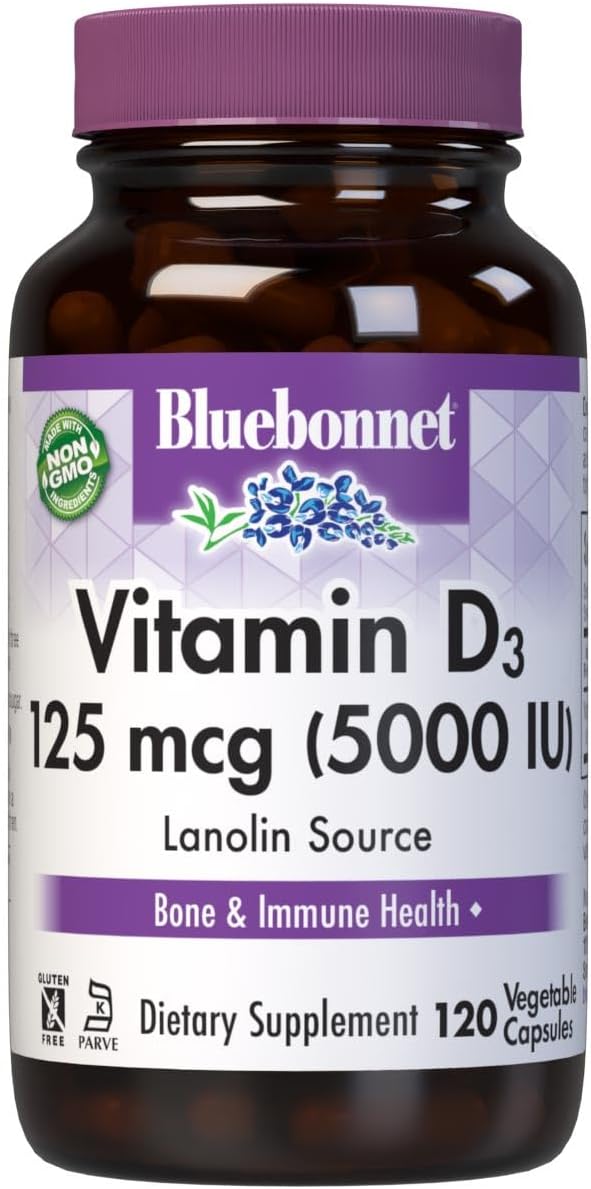 Highly Absorbable Bluebonnet Vitamin D3 5000 IU Supplement - Strong Bones & Immune Support for Women & Men - Soy-Free, Gluten-Free, Non-GMO - 120 Veggie Capsules