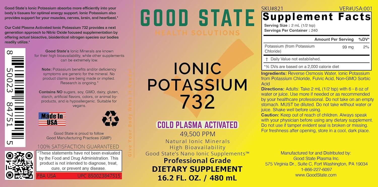 Highly Absorbable Cold Plasma-Activated Liquid Ionic Potassium - 99 mg per Serving - 240 Servings - Good State Formula 732