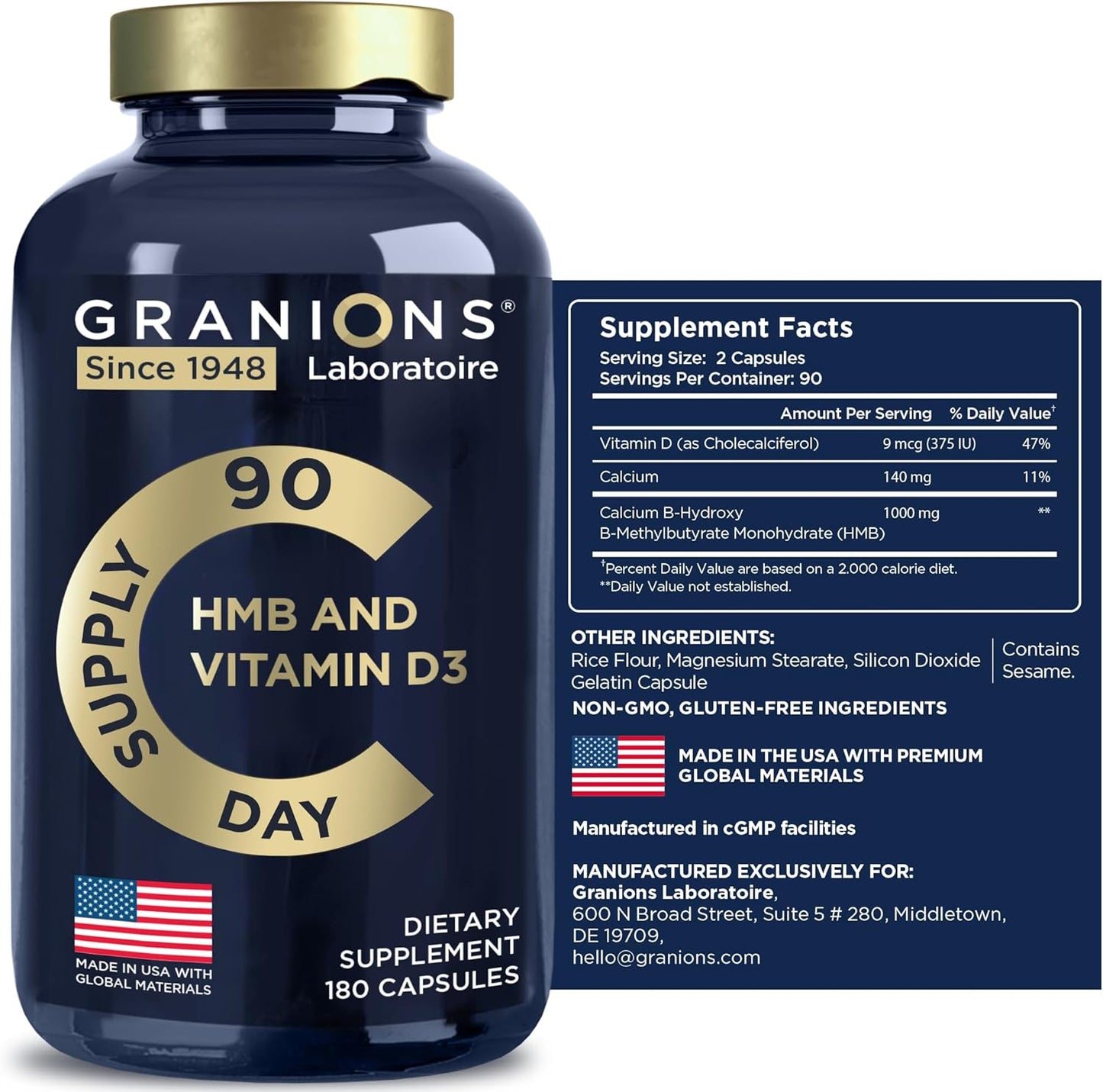 Highly Absorbable Granions Vitamin D3 HMB Supplements with 1,000 MG Calcium beta-Hydroxy beta-methylbutyrate - Pre Workout and Recovery Support - 90 Servings - Made in USA
