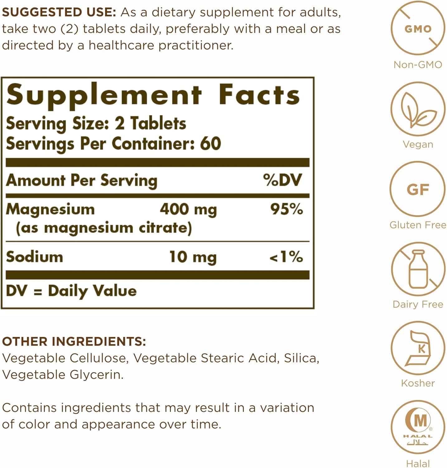 Highly Absorbable Magnesium Citrate Tablets - 120 Count - Supports Bone Health, Nerve & Muscle Function - Non-GMO, Vegan, Gluten Free - 60 Servings