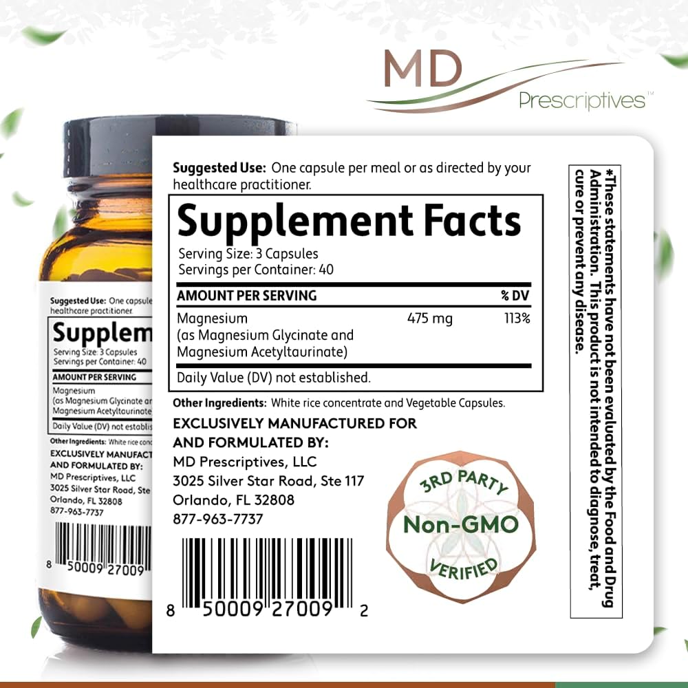 Highly Absorbable Magnesium Dietary Supplement - 120 Capsules with Glycinate & Acetyl Taurinate by MD Prescriptives
