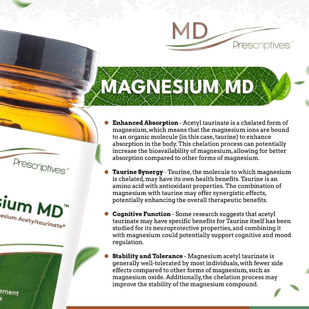 Highly Absorbable Magnesium Dietary Supplement - 120 Capsules with Glycinate & Acetyl Taurinate by MD Prescriptives