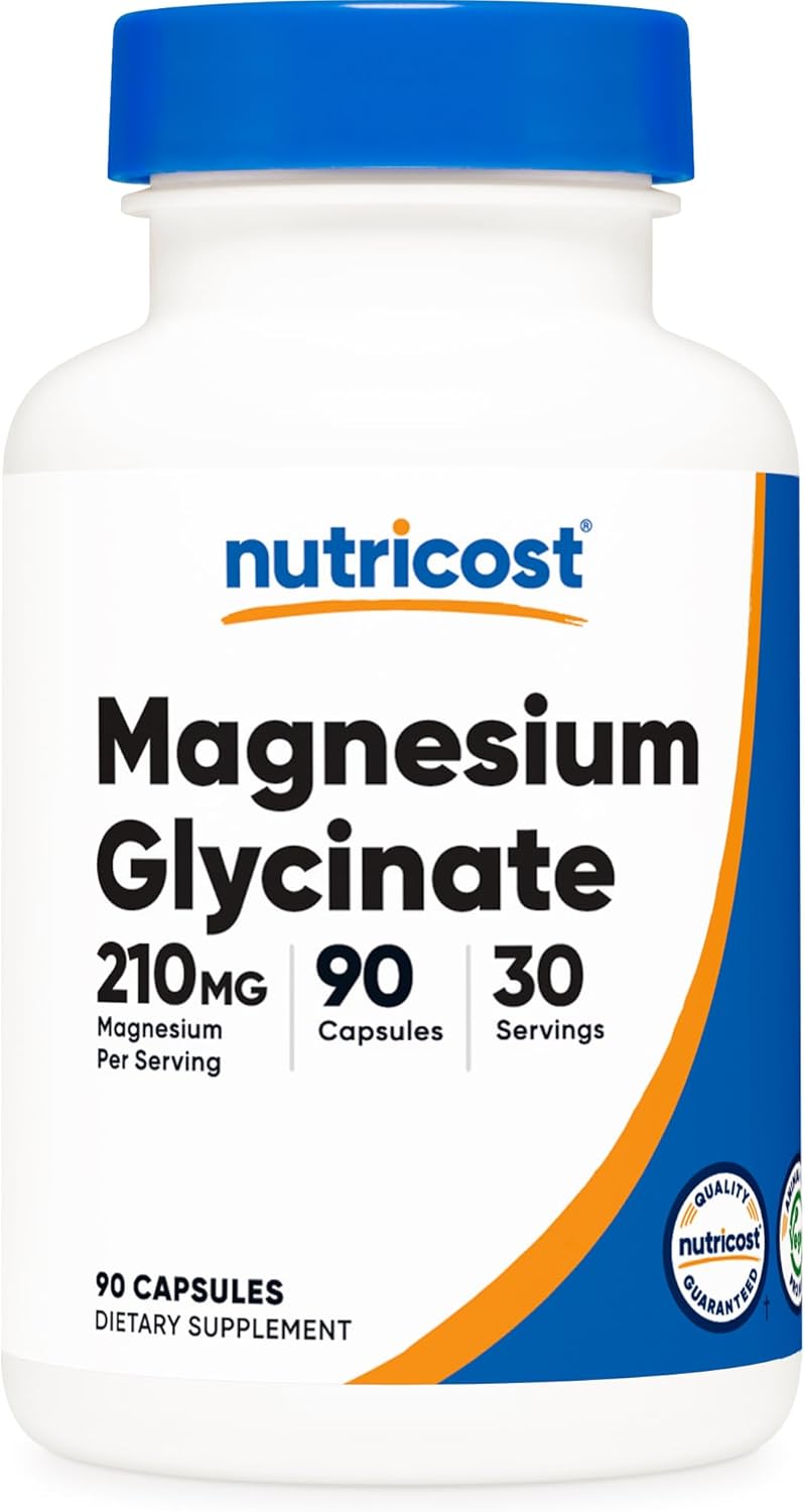 Highly Absorbable Magnesium Glycinate Capsules - 90 Capsules, 210 mg Per Serving - Nutricost Magnesium Supplement