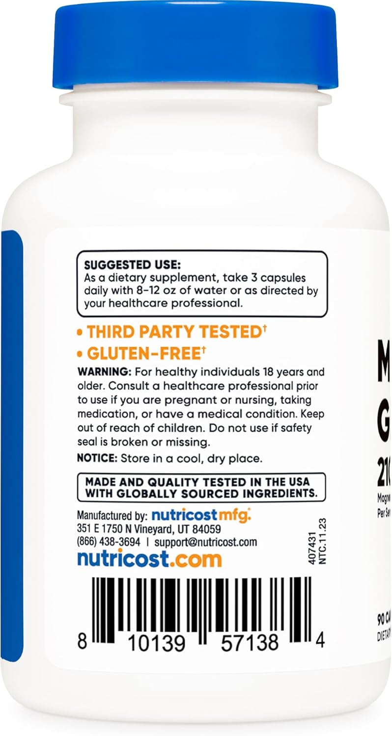 Highly Absorbable Magnesium Glycinate Capsules - 90 Capsules, 210 mg Per Serving - Nutricost Magnesium Supplement