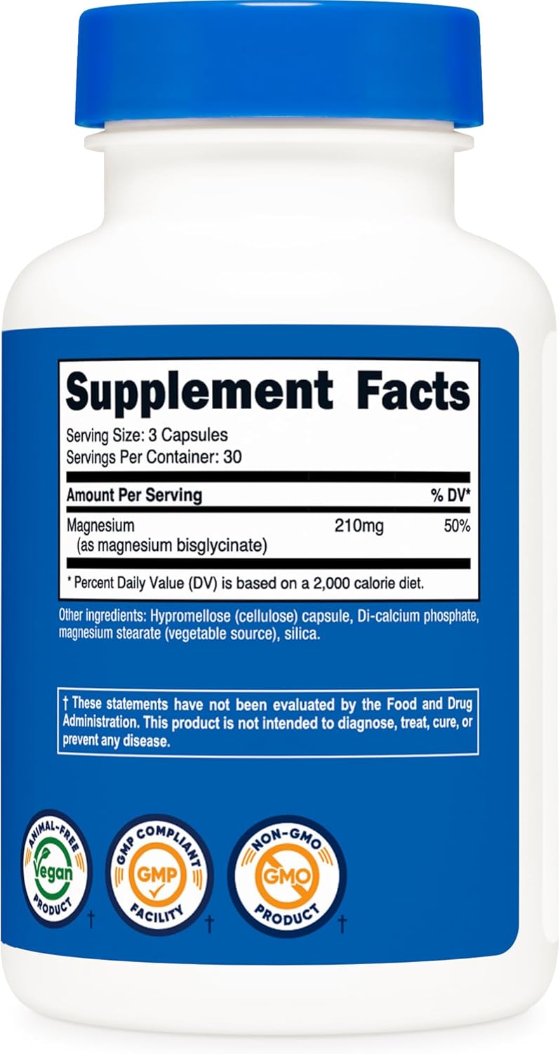 Highly Absorbable Magnesium Glycinate Capsules - 90 Capsules, 210 mg Per Serving - Nutricost Magnesium Supplement