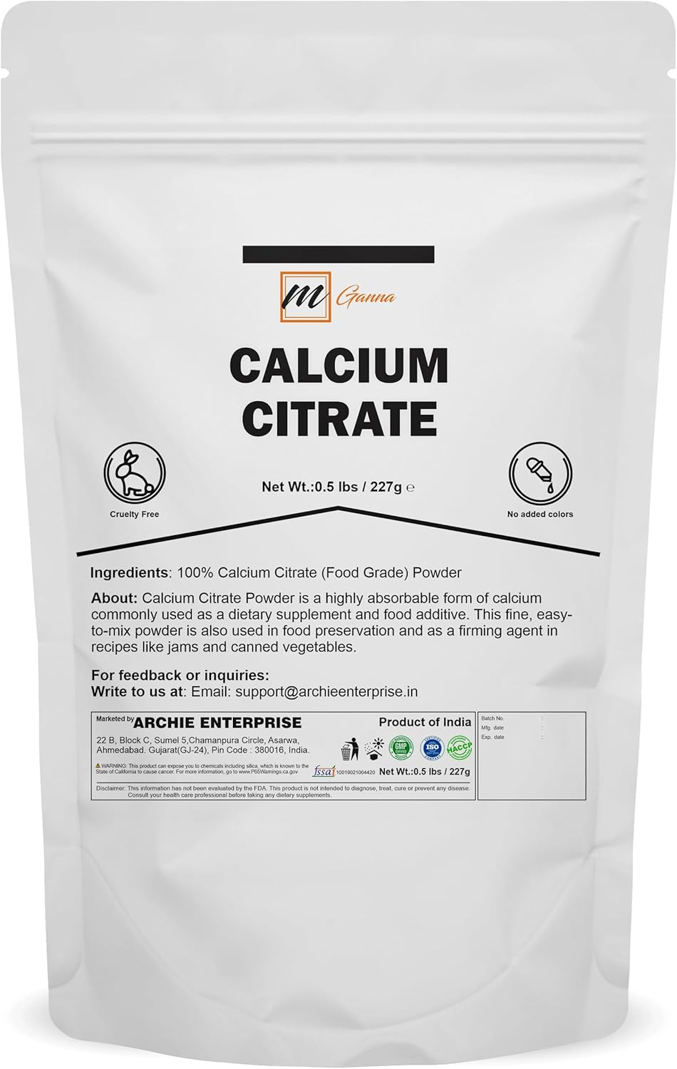 Highly Absorbable mGanna 100% Food Grade Calcium Citrate Powder - Versatile 0.5 lbs (227 g)