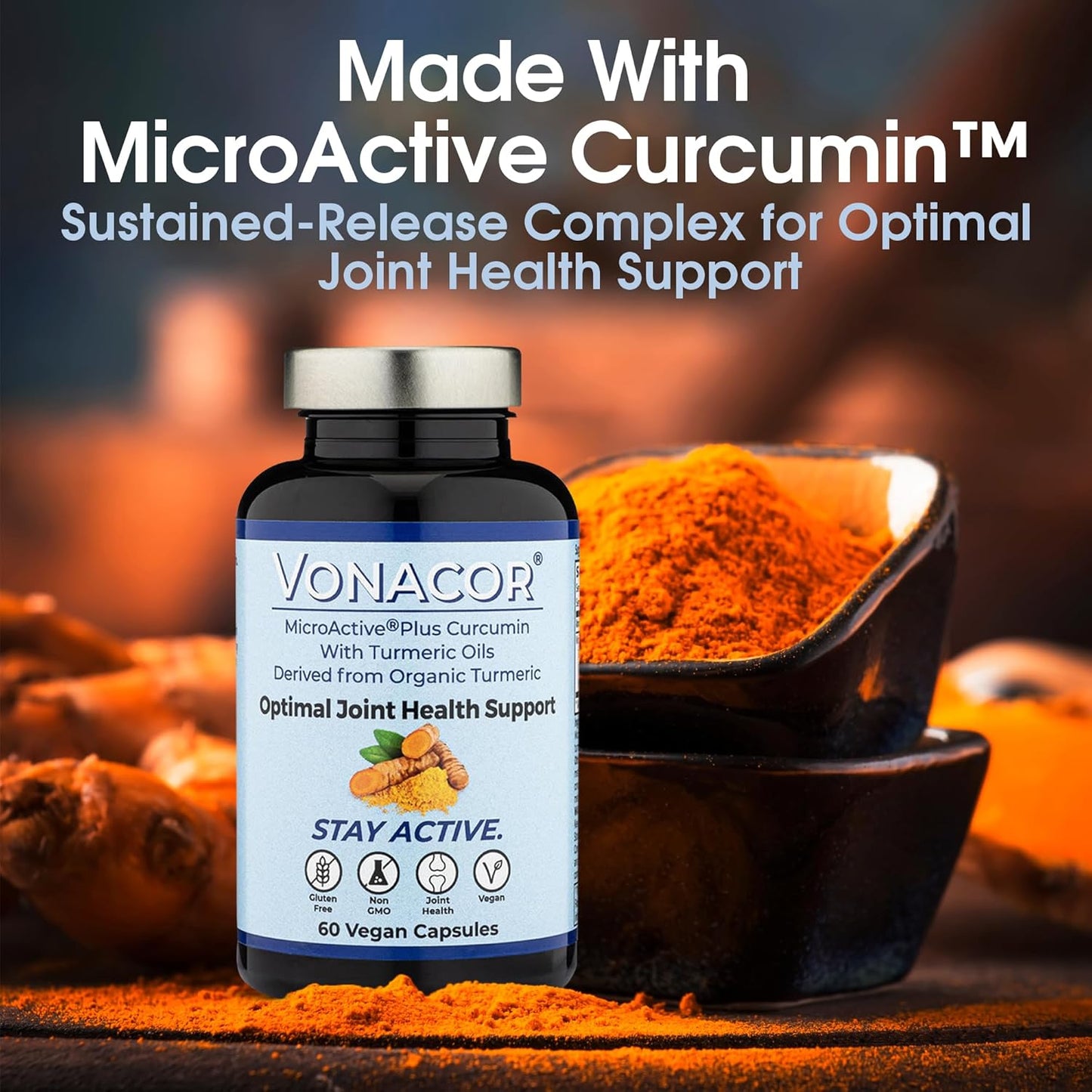 Highly Absorbable MicroActive Curcumin with Turmeric Oil Extract Capsules for Joint Health (500mg, Vegan, Non-GMO, Gluten-Free)